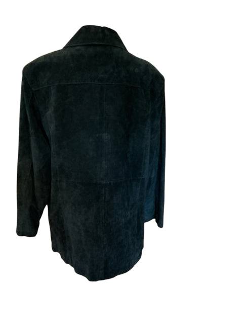 Back view of Terry Lewis black leather jacket in size large, showcasing classic tailoring and smooth suede finish.