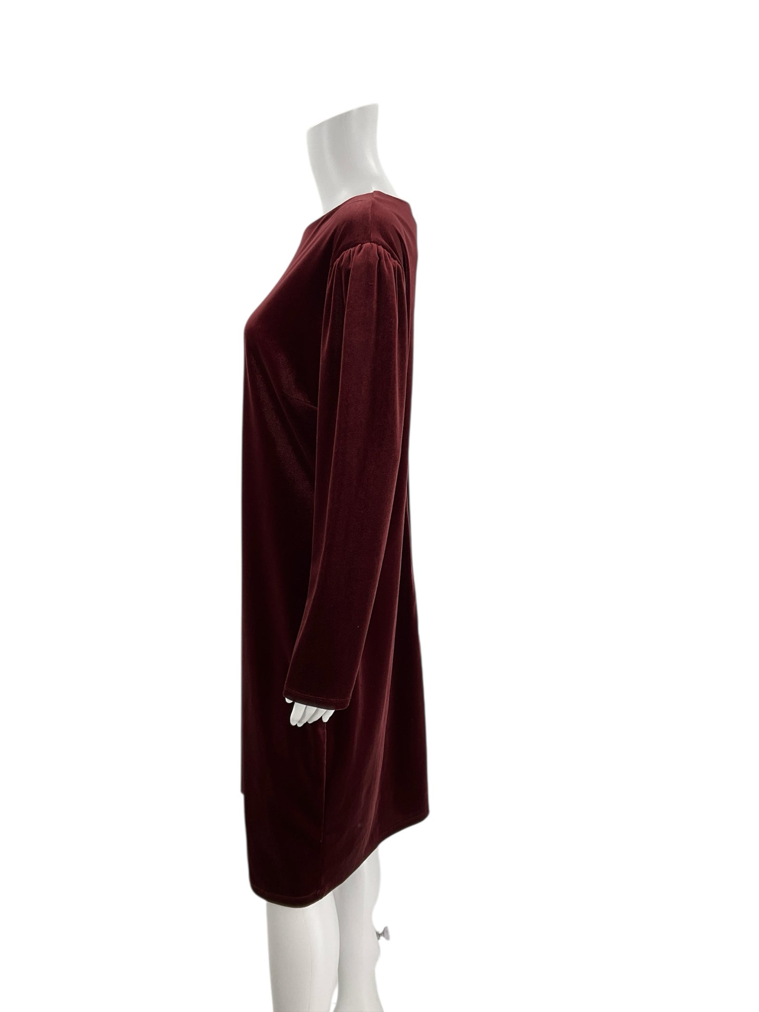 Side profile of A New Day Burgundy Pre-Owned Dress - Size XL highlighting its rich burgundy color and structured shoulder design.