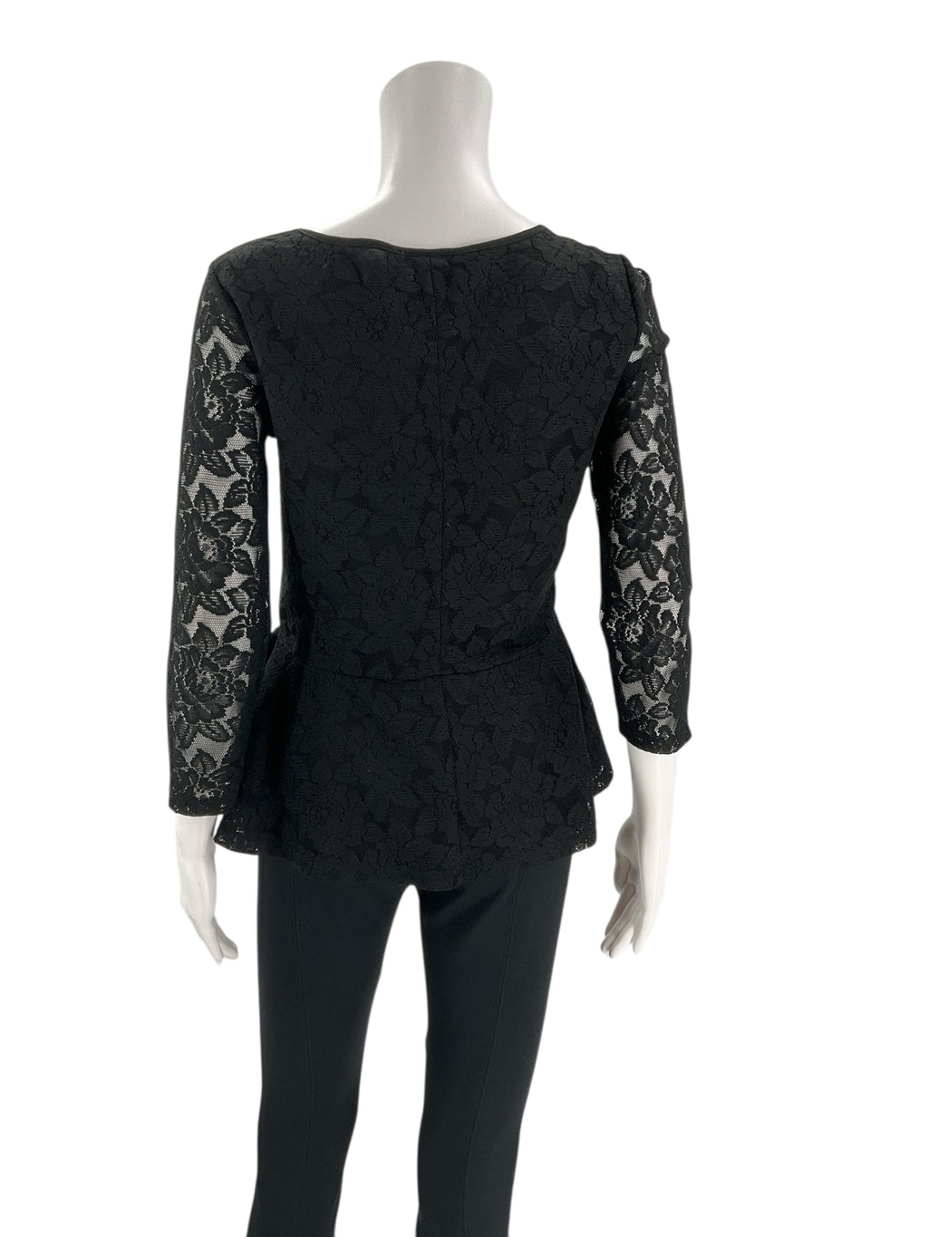 Back view of Loft Black Lace Pre-Owned Top - Size Small showing full lace sleeves and fitted back seam for a tailored look.