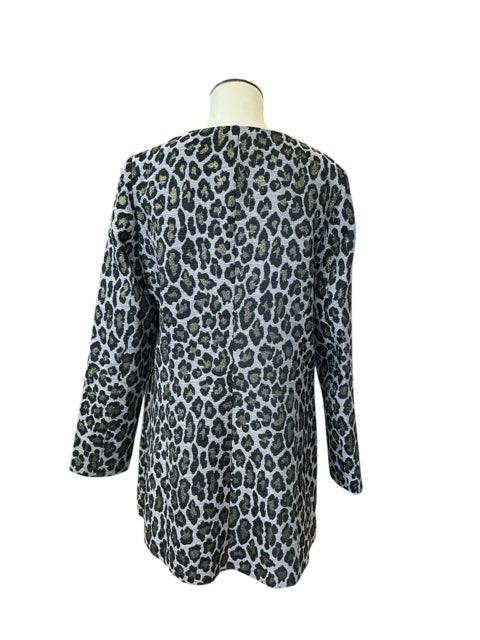 Back view of Dolce Cabo Jacket Size Large featuring bold gray, black, and gold animal print design, perfect for statement outerwear.