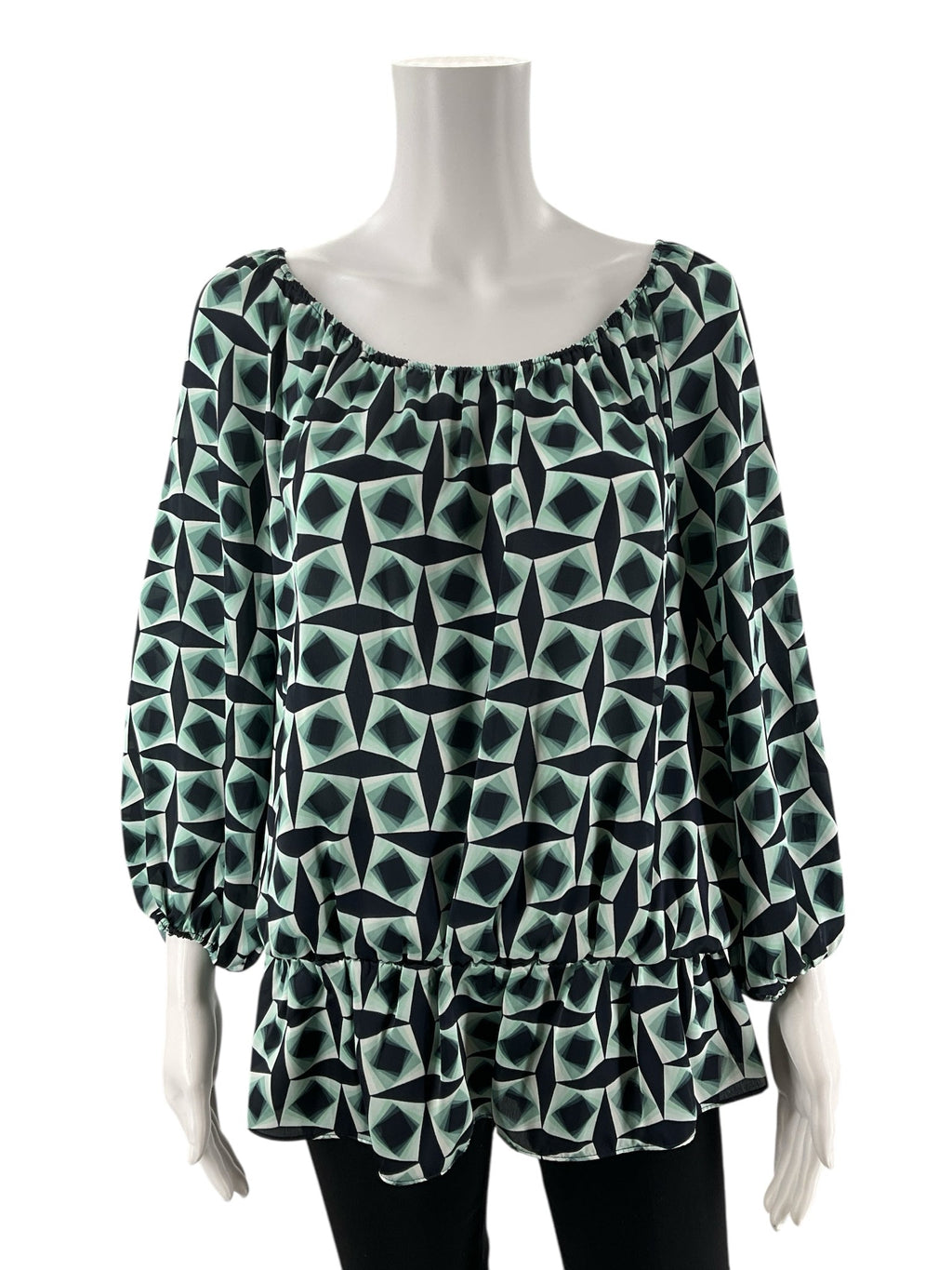 Vince Camuto Navy/Mint Green Print Pre-Owned Top - Size Large