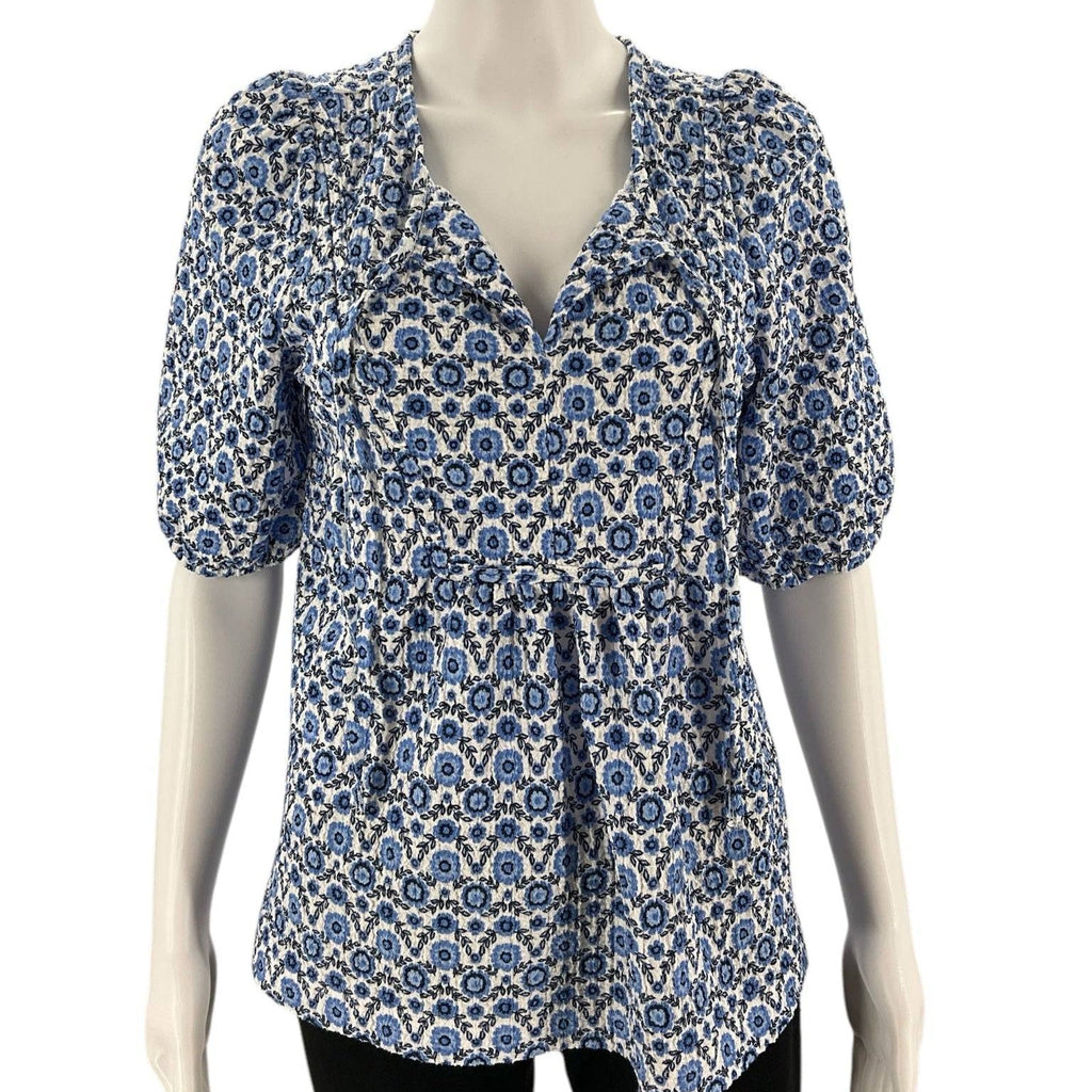 Front view of LOFT Top Size XS in blue/white floral pattern. Short sleeve casual blouse available at Margaret’s Fine Consignments.