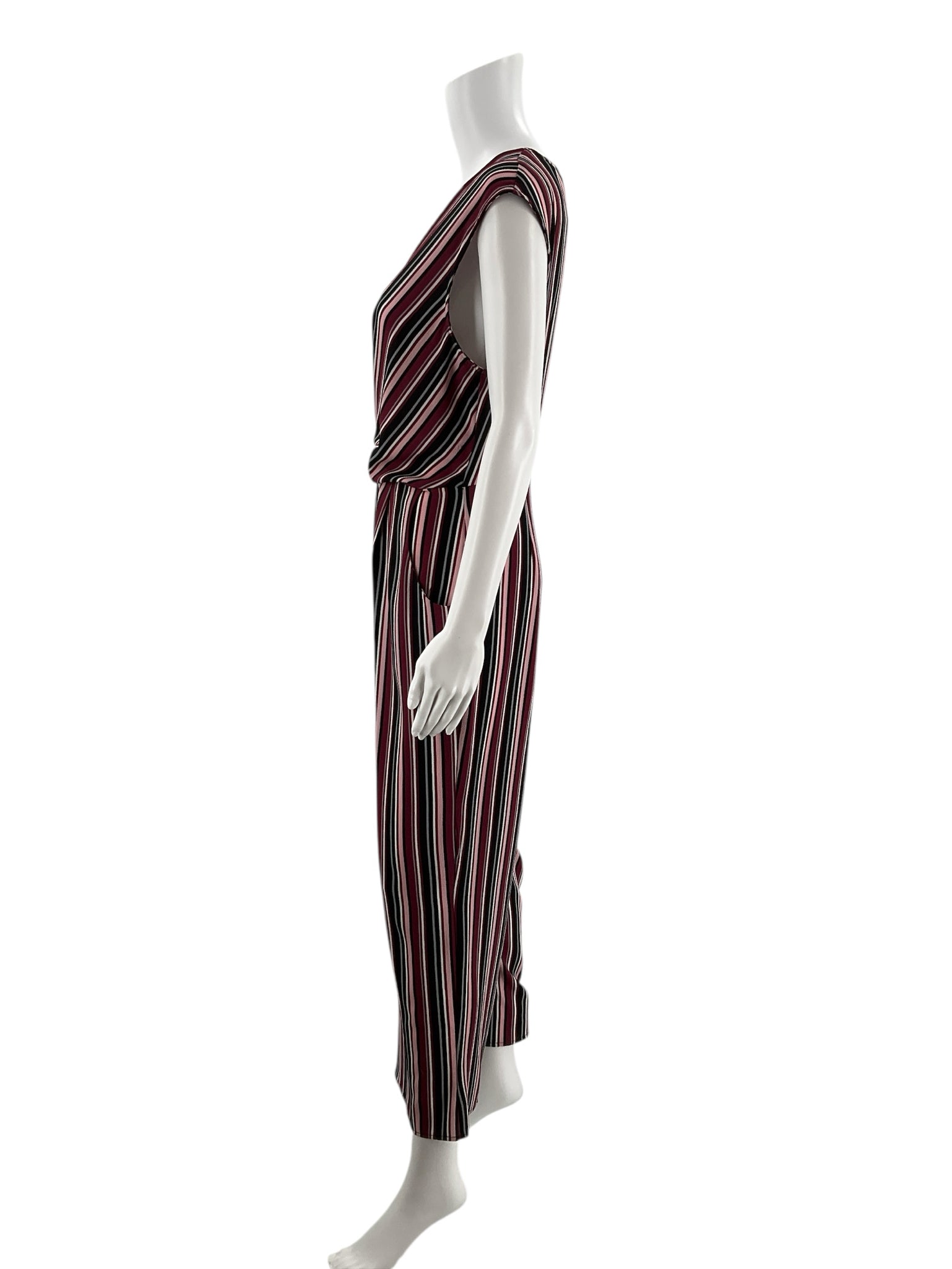 Speechless Purple/Black Stripe Pre-Owned Ladies Jumpsuit - Size Large