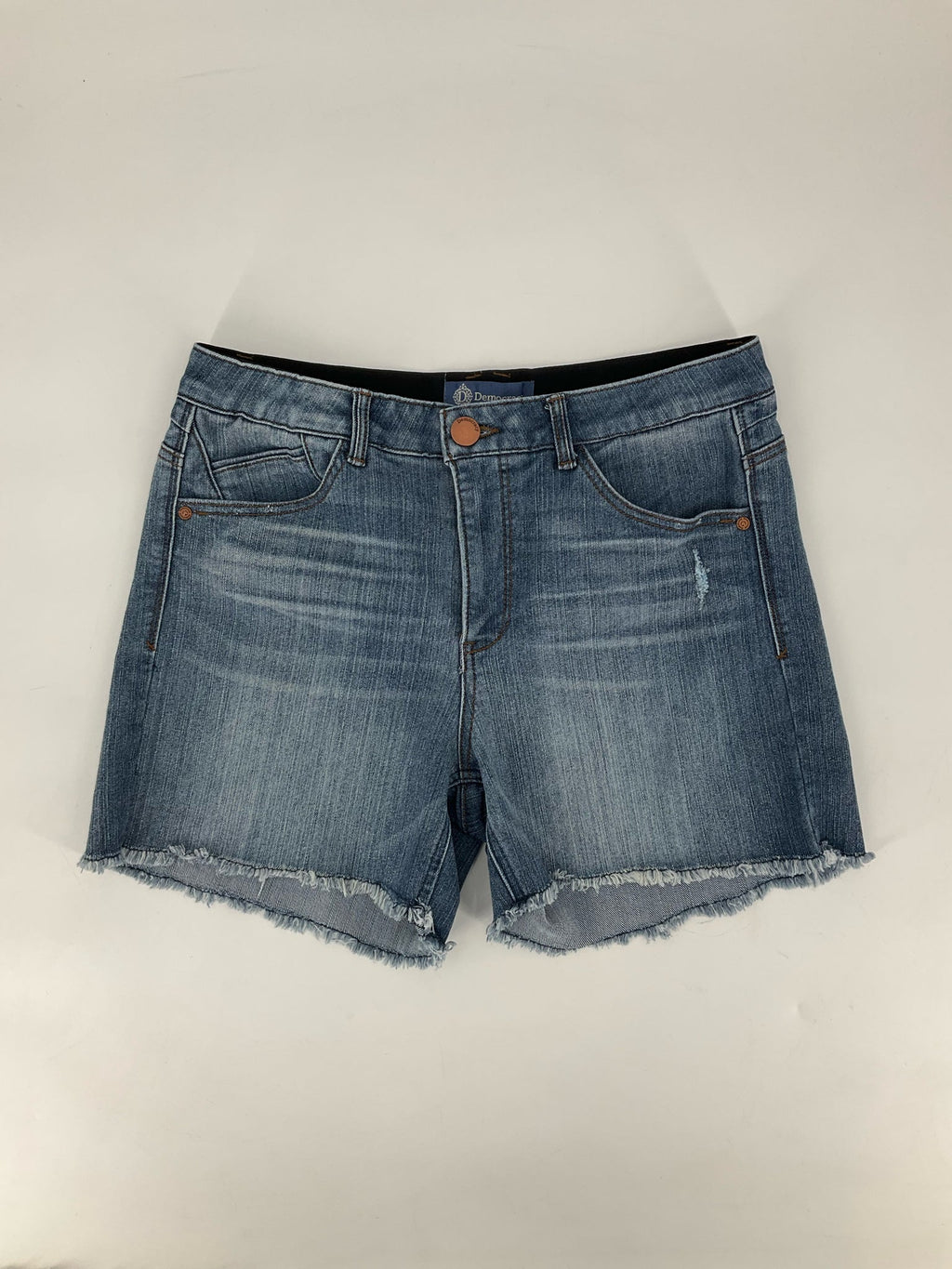 Democracy blue denim high rise ladies shorts, size 8, featuring a classic cut-off design and frayed hem.
