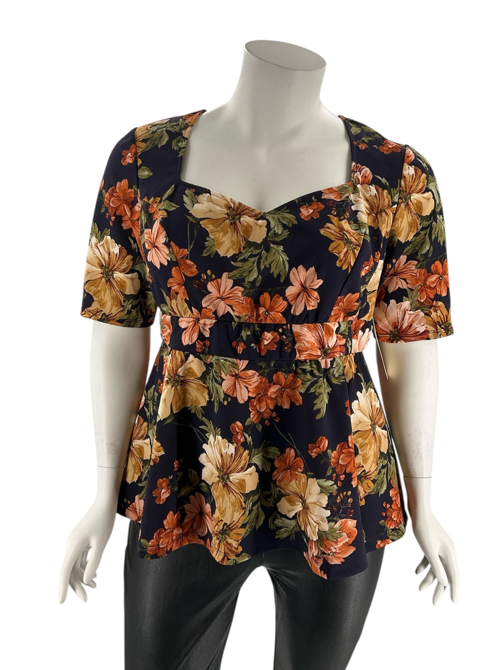 Kiyonna Navy/Orange Floral Pre-Owned Ladies Casual Top -  Size 2X