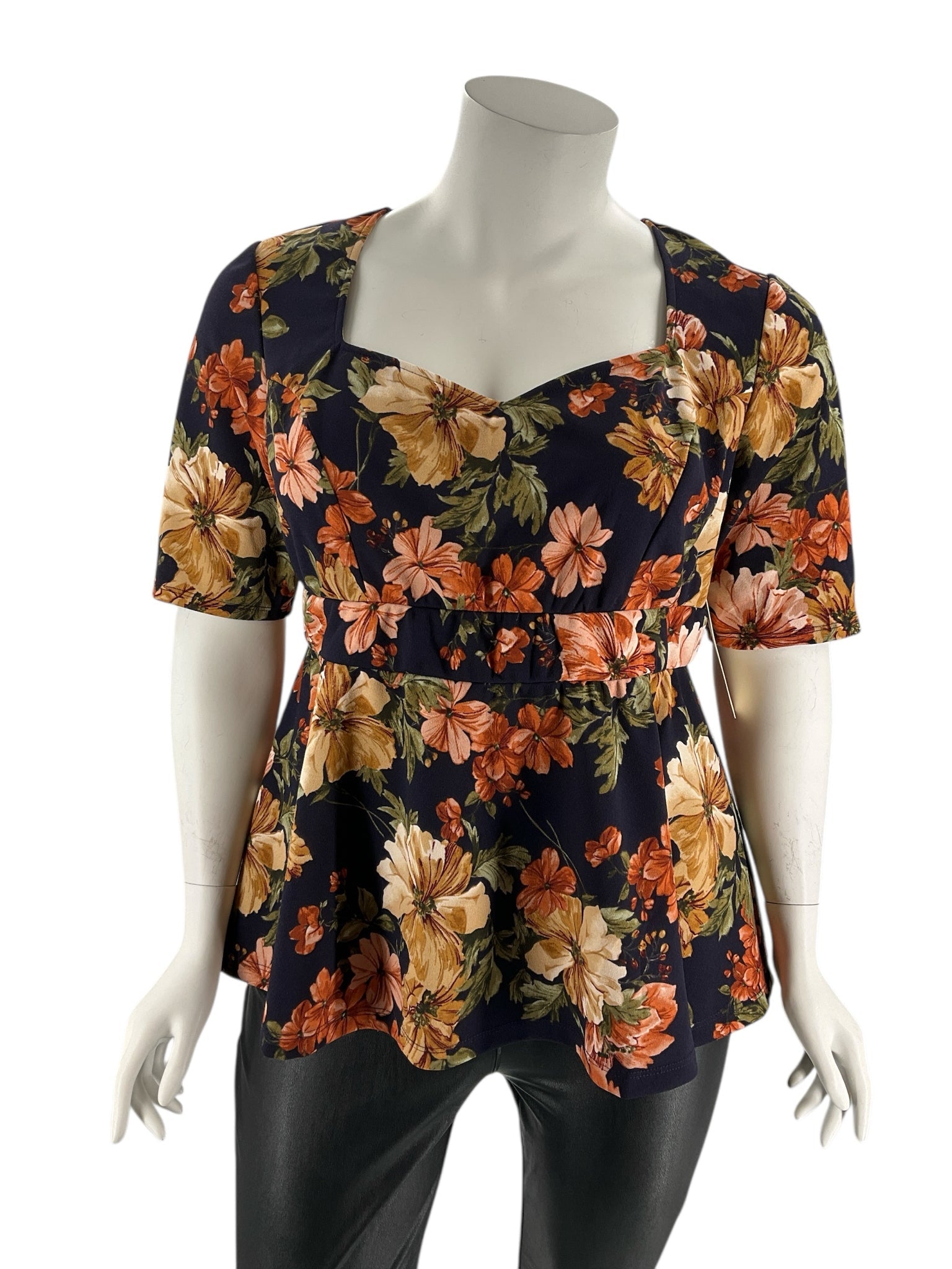 Kiyonna Navy/Orange Floral Pre-Owned Ladies Casual Top -  Size 2X