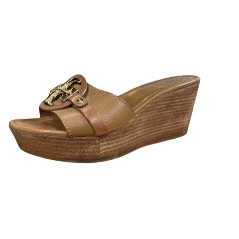 Tory Burch Shoe Camel Sandals Size 6 with gold logo emblem and wooden wedge heel, available at Margaret's Fine Consignments.