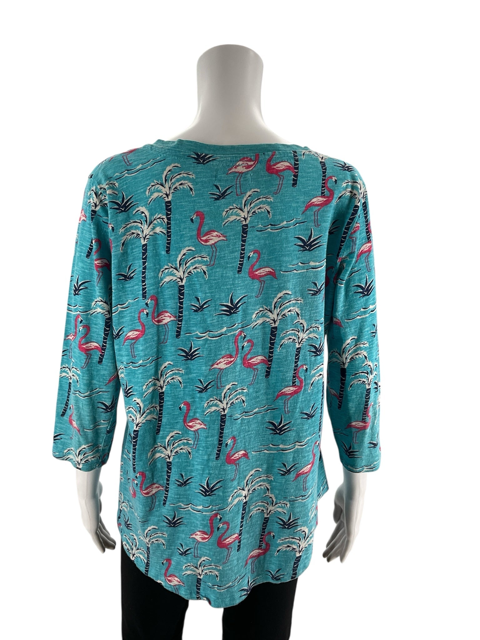 Turquoise and multi-colored flamingo pullover top by Sunsets & Sweet Tea, scoop neck design, size medium for women.