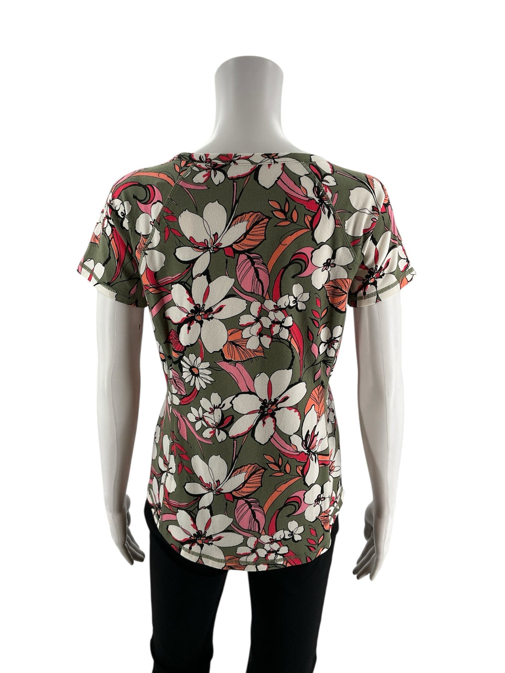 Talbots floral pre-owned ladies top in olive, pink, and white, size small petite, with crew neck and short sleeves.