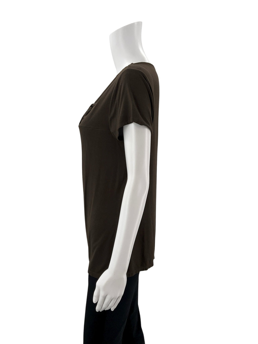Ann Taylor brown knot front ladies top in size large with cap sleeves and twist front design, made from jersey knit.