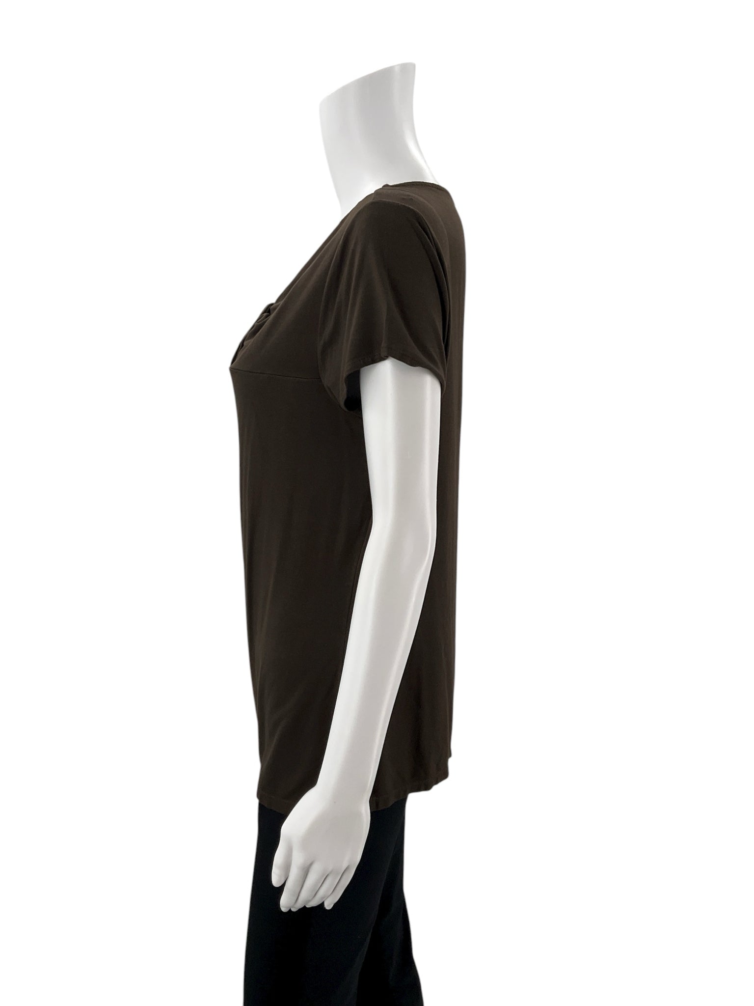 Ann Taylor brown knot front ladies top in size large with cap sleeves and twist front design, made from jersey knit.