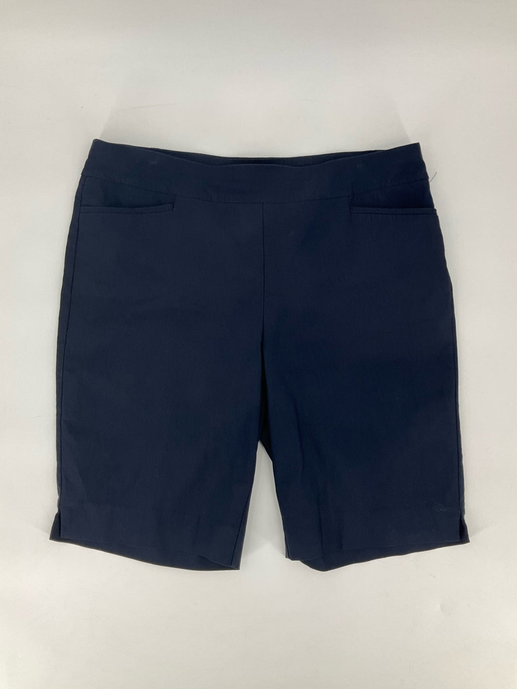 Chico's navy solid Bermuda shorts, size 12, pull-on style with flat front and stretch fabric.