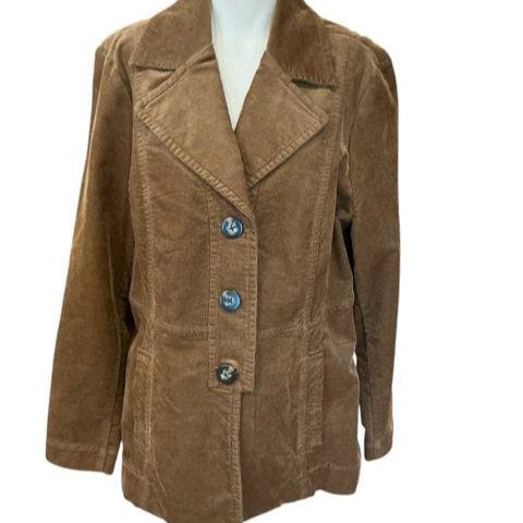 Cabi Jacket Size XL in camel corduroy with large buttons, available at Margaret’s Fine Consignments. Stylish pre-owned outerwear for layering.
