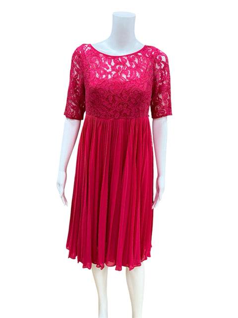 Front view of Momo Collection Pink Lace Dress – Size Small featuring half sleeves and elegant lace overlay, perfect for feminine evening wear.