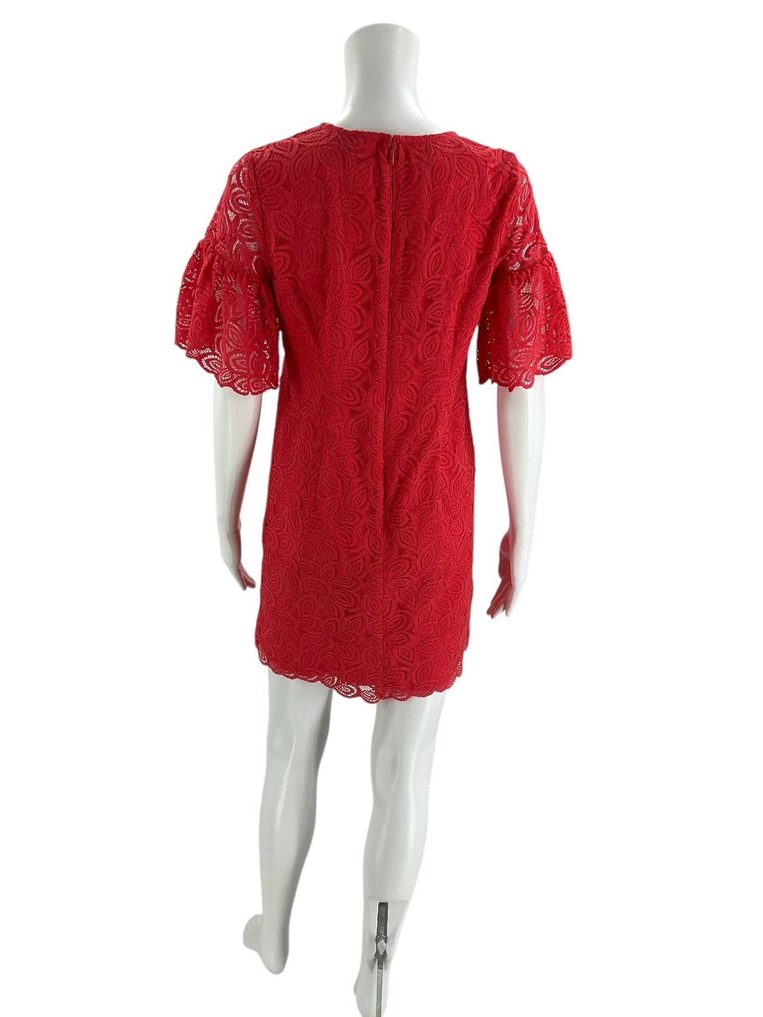 Back view of Ann Taylor Coral Lace Dress Size 2 Petite featuring a concealed zipper and lace detailing, sold at Margaret’s Fine Consignments.