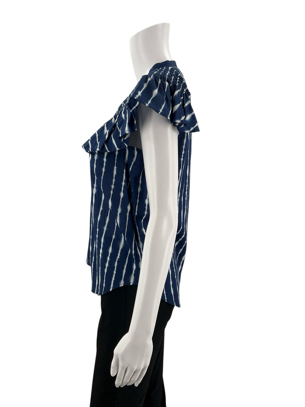 Ann Taylor navy and white print ladies top, size XS, featuring a relaxed fit and split neck design.