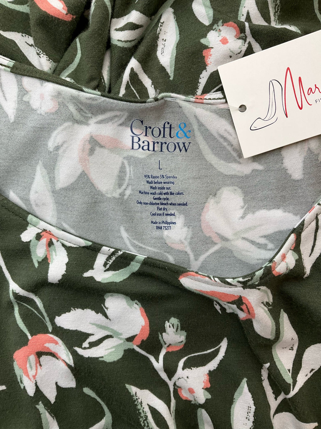 Croft & Barrow Olive/Peach/White Floral Pre-Owned Ladies Dress - Size Large
