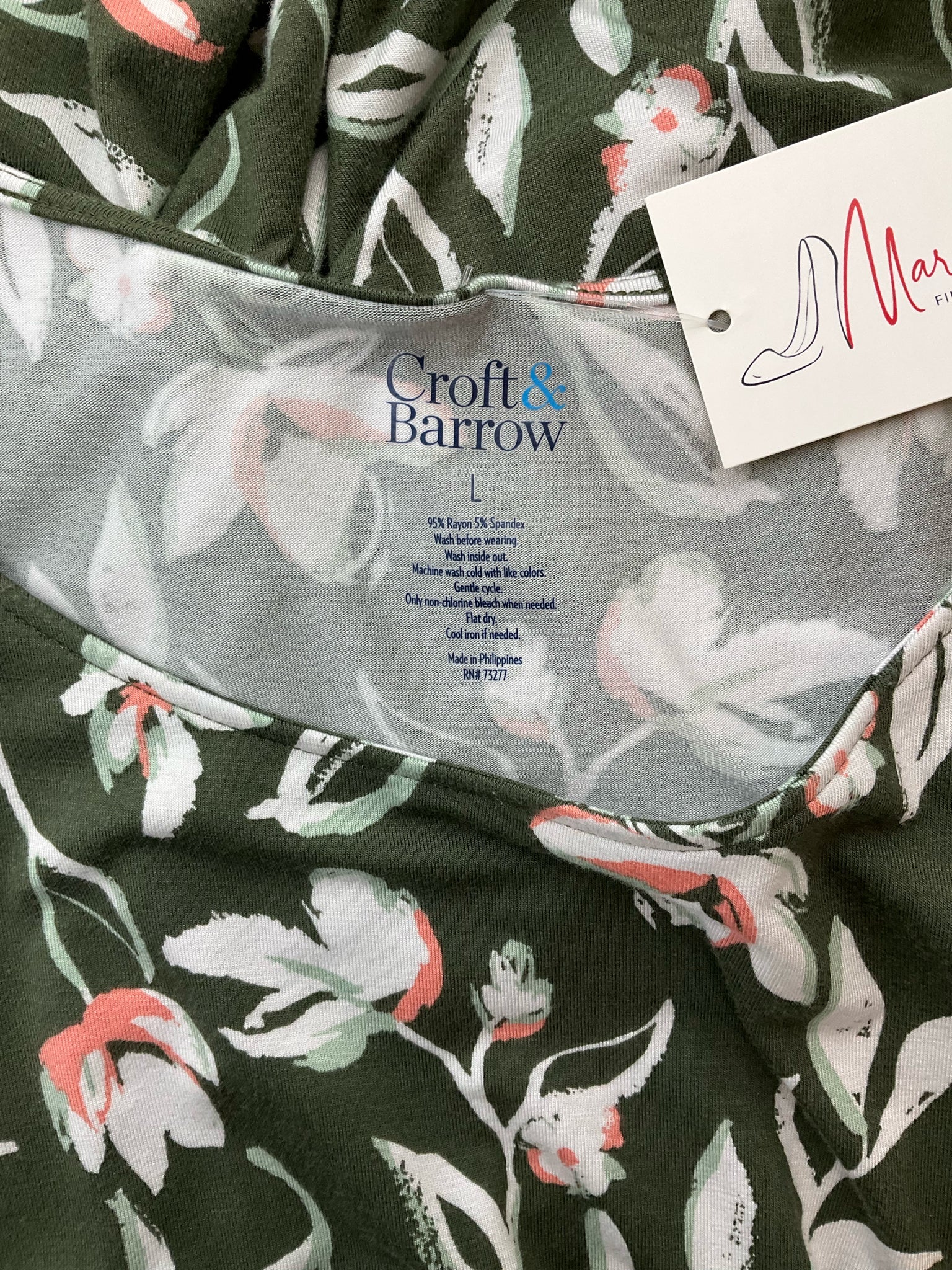Croft & Barrow Olive/Peach/White Floral Pre-Owned Ladies Dress - Size Large