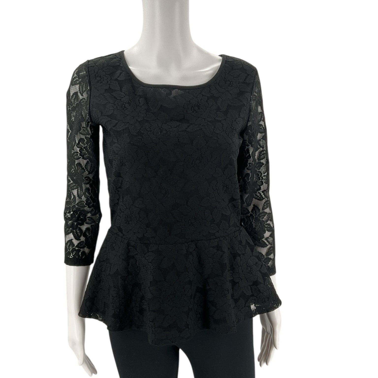 Front view of Loft Black Lace Pre-Owned Top - Size Small on mannequin, featuring floral lace design and peplum silhouette.