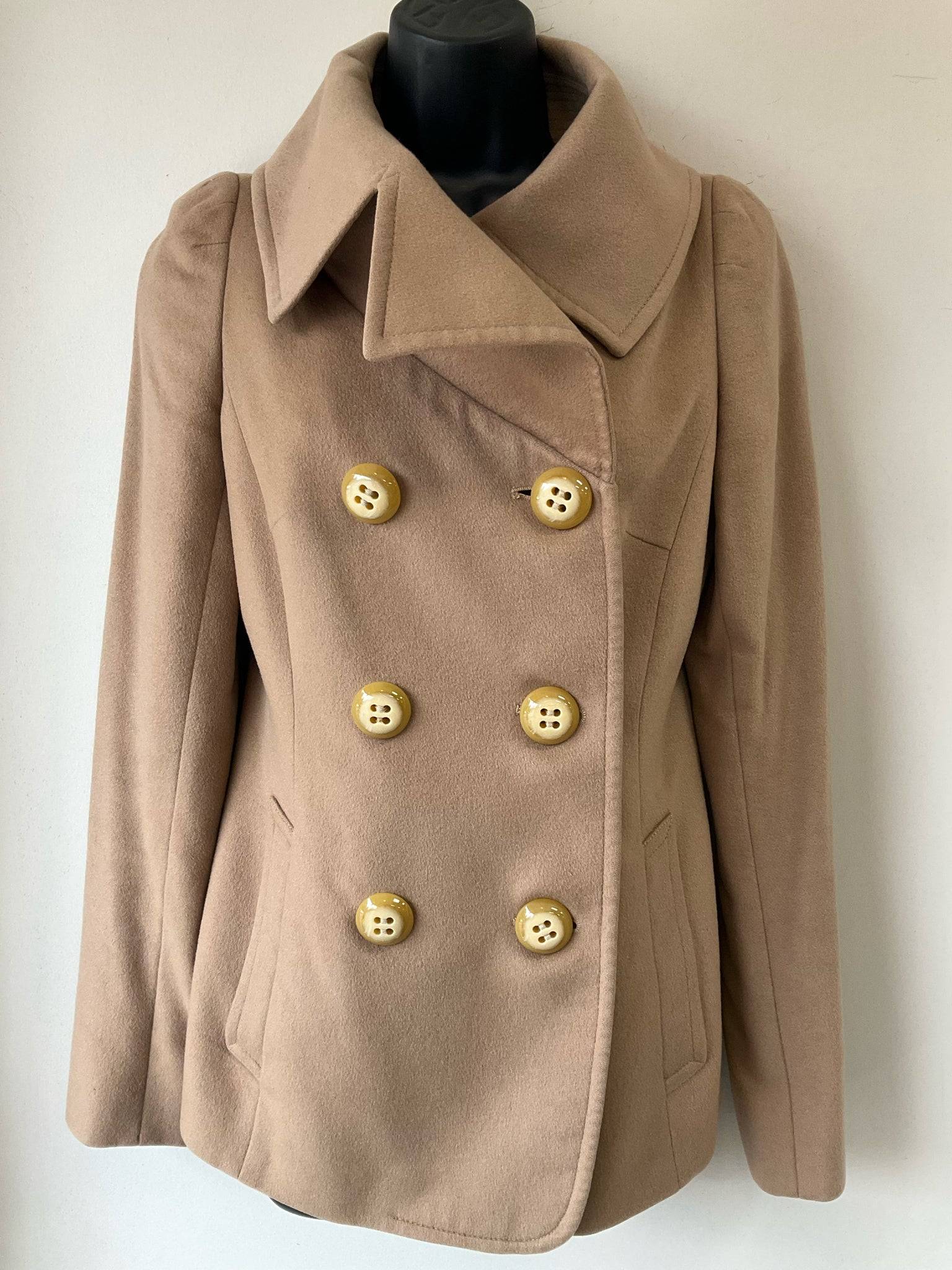 Front view of Pure Tan Solid Jacket Size 8 featuring gold buttons and tailored fit, ideal for fall fashion from Margaret's Fine Consignments.