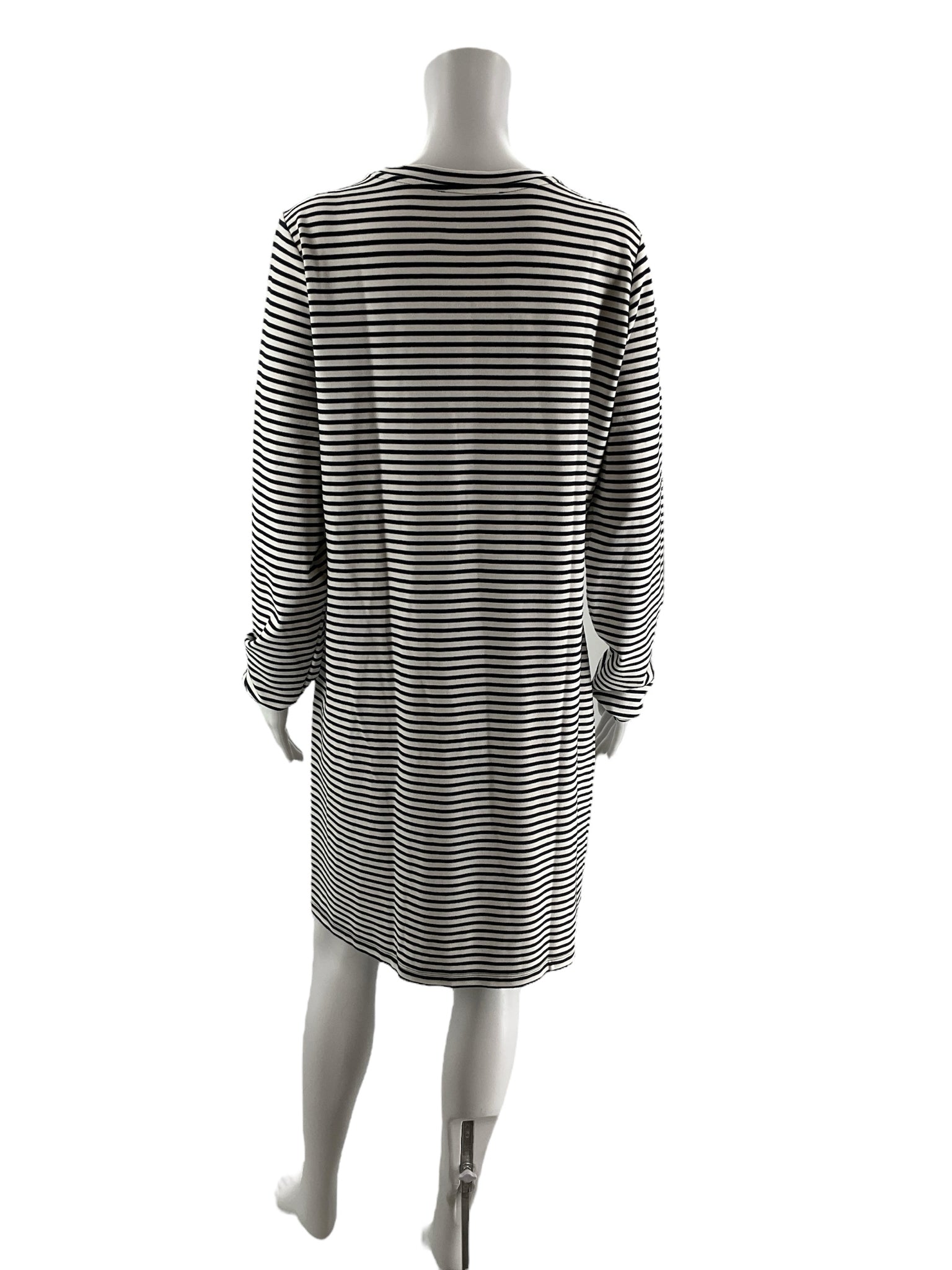 Loft navy and white striped tunic dress, pre-owned with tags, in size large, featuring long sleeves and casual knit style.