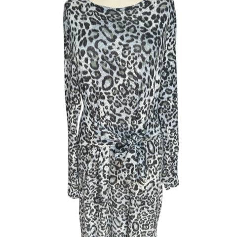 Spense gray and black animal print dress size large on mannequin, featuring long sleeves and front tie detail at Margaret's Fine Consignments.