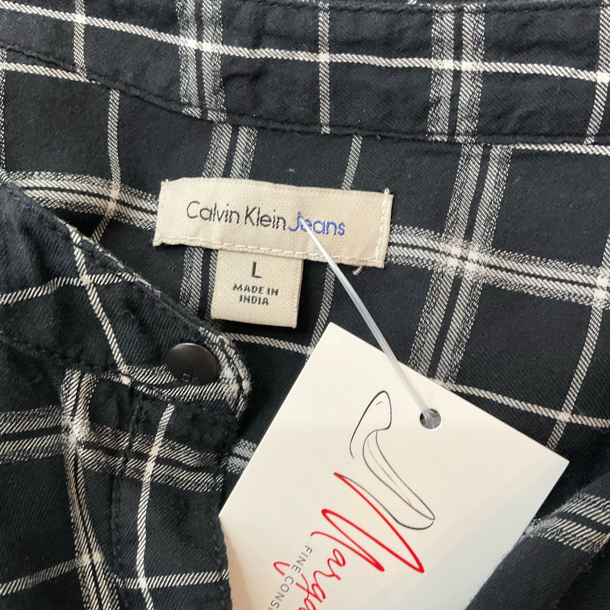 Calvin Klein Black/White Plaid Pre-Owned Ladies Top -  Size Large