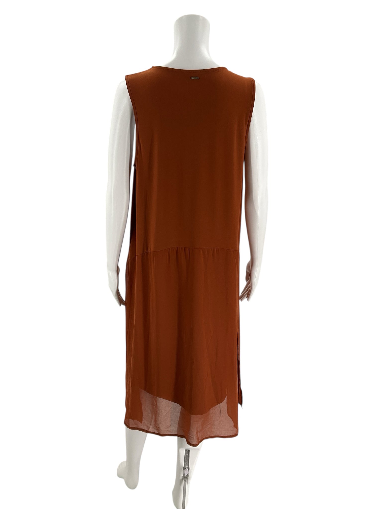 Back view of DKNY Burnt Orange Pre-Owned Dress - Size XL on mannequin, highlighting the smooth, lightweight fabric and relaxed cut.