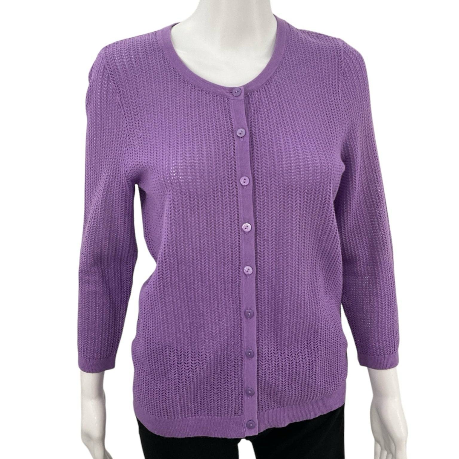 Front view of lavender Talbots mesh knit long sleeve top in Size Medium Petite, featuring button-down closure and lightweight texture.