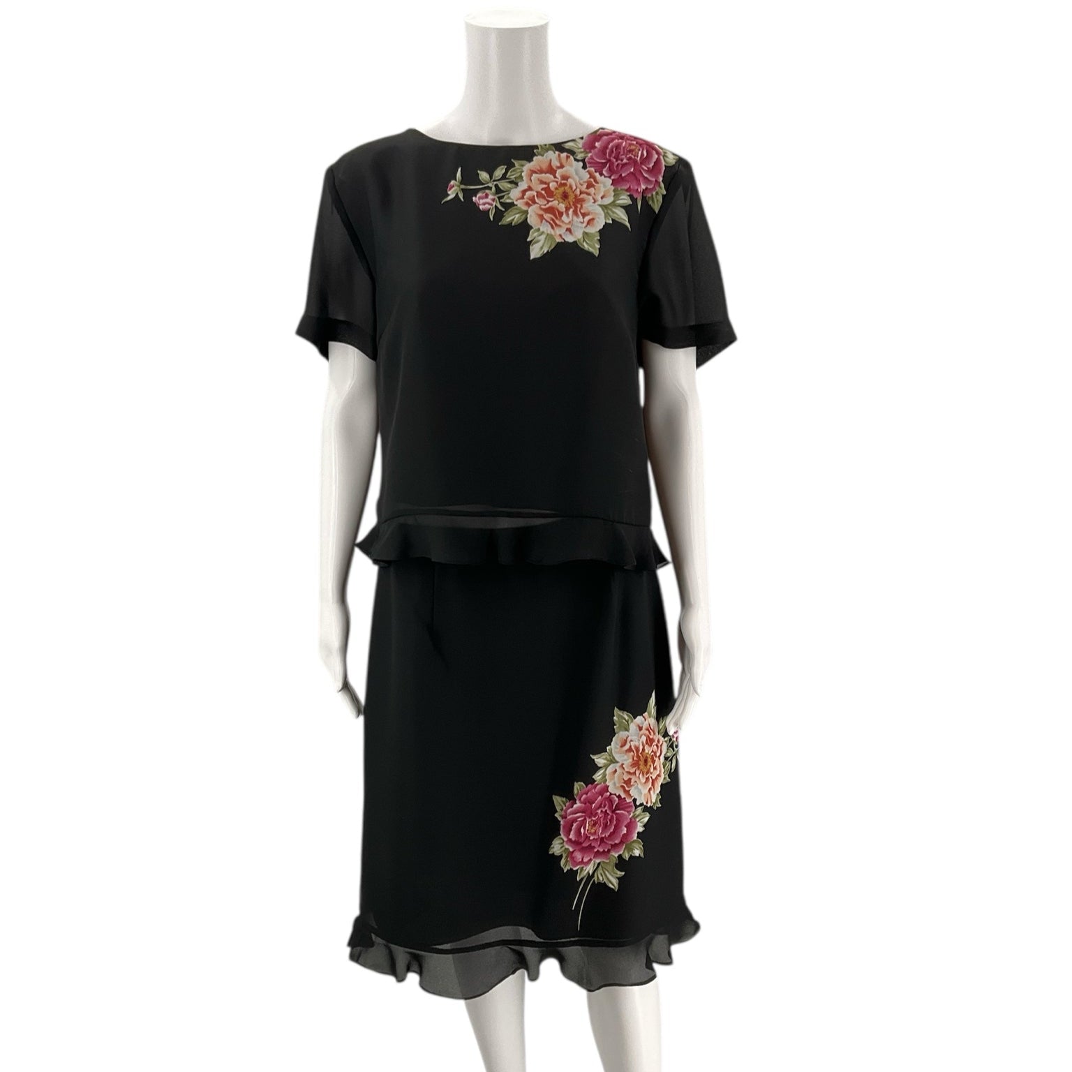 Virgo Black/Pink/Green Floral Pre-Owned Ladies 2 Piece Skirt Set - Size 14 - Margaret’s Fine Consignment