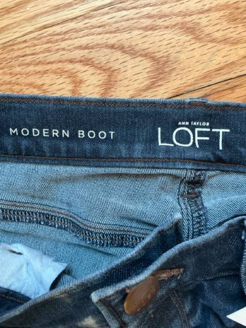 Close-up of Loft Jeans Size 0 waistband label showing 'Modern Boot' and 'Ann Taylor Loft' branding for designer authenticity.