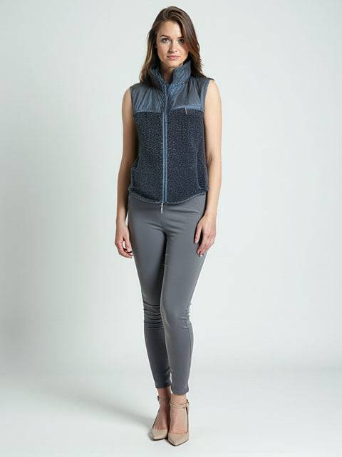 Gap Vest Size Small modeled with full front view, featuring black solid fleece and nylon paneling. Available at Margaret’s Fine Consignments.