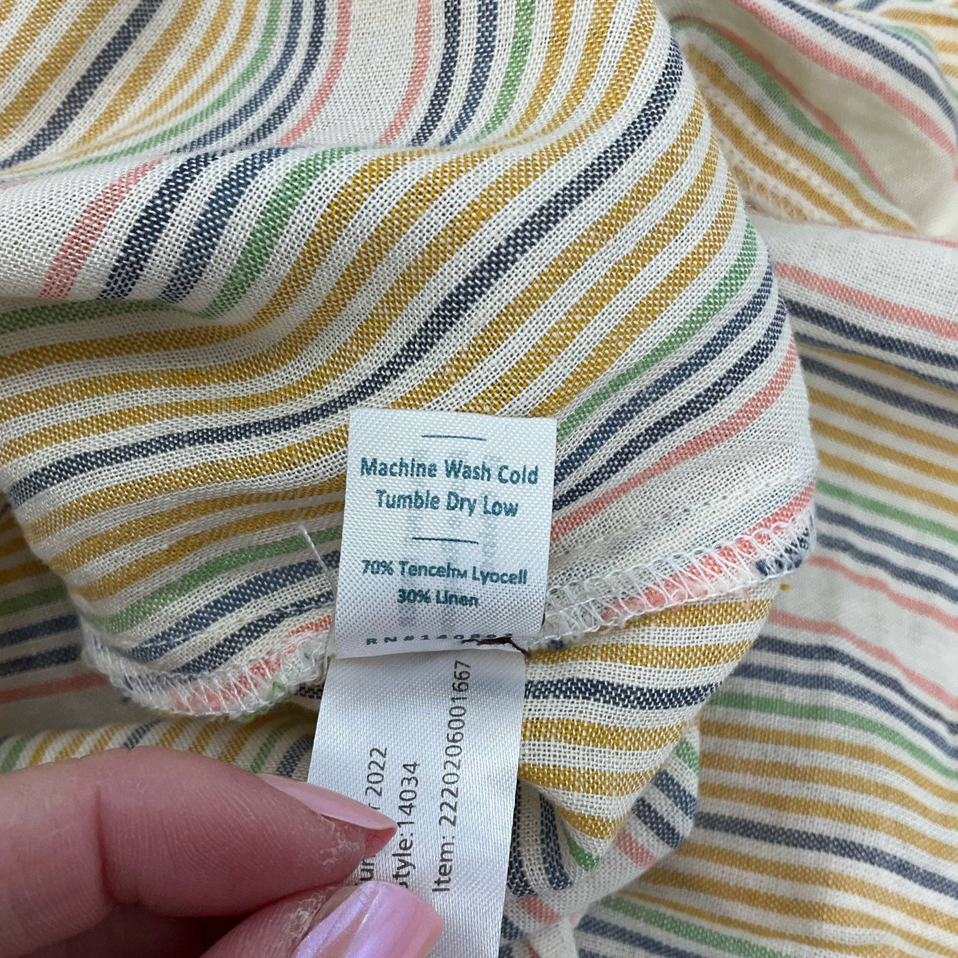 Fabric care label of Marine Layer Multi Stripe Size Medium dress showing 70% Tencel Lyocell and 30% Linen, sold at Margaret’s Fine Consignments.