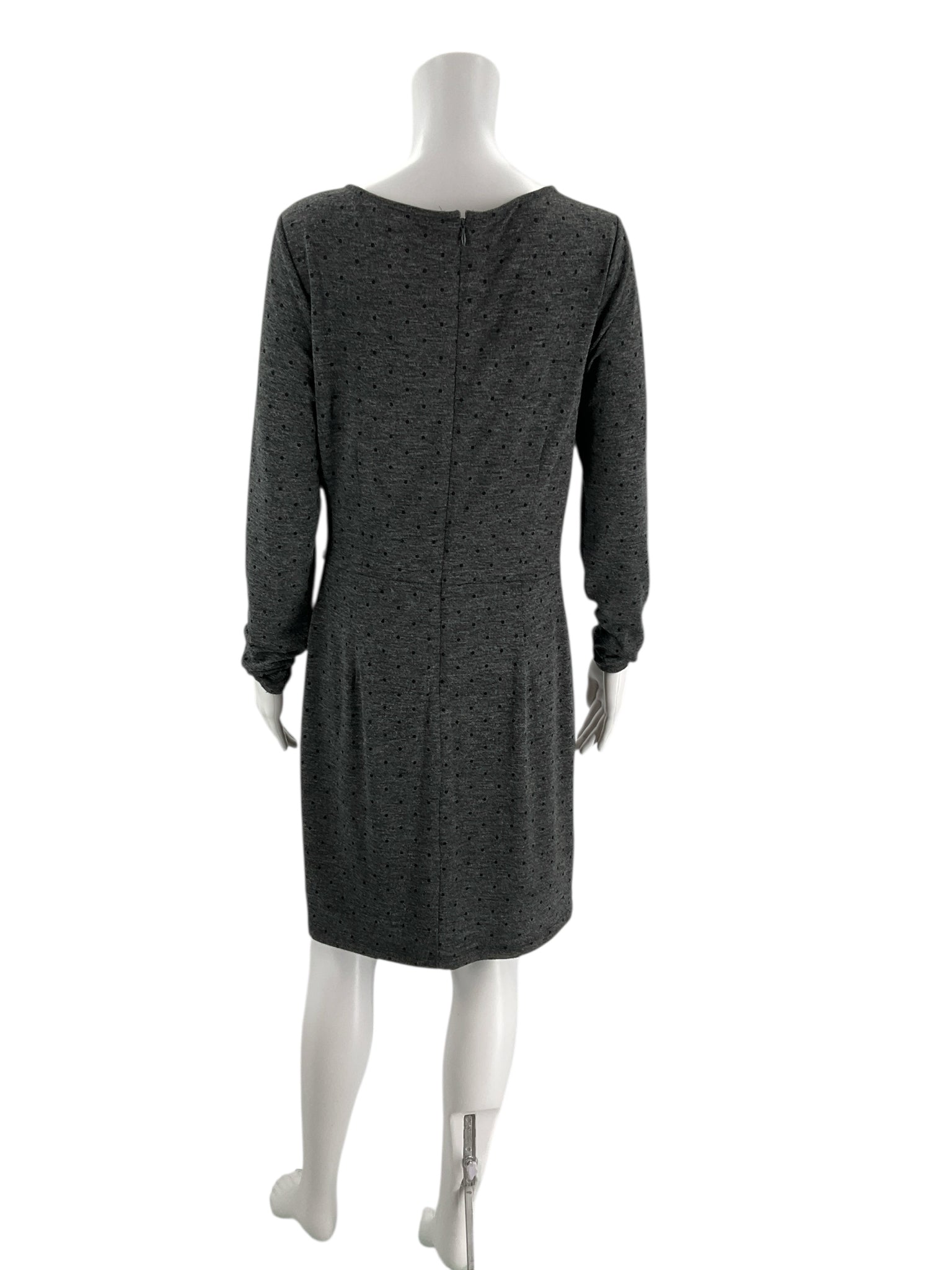 Back view of Loft Gray/Black Polka Dot Pre-Owned Dress - Size Medium on mannequin, highlighting zipper closure and tailored fit.