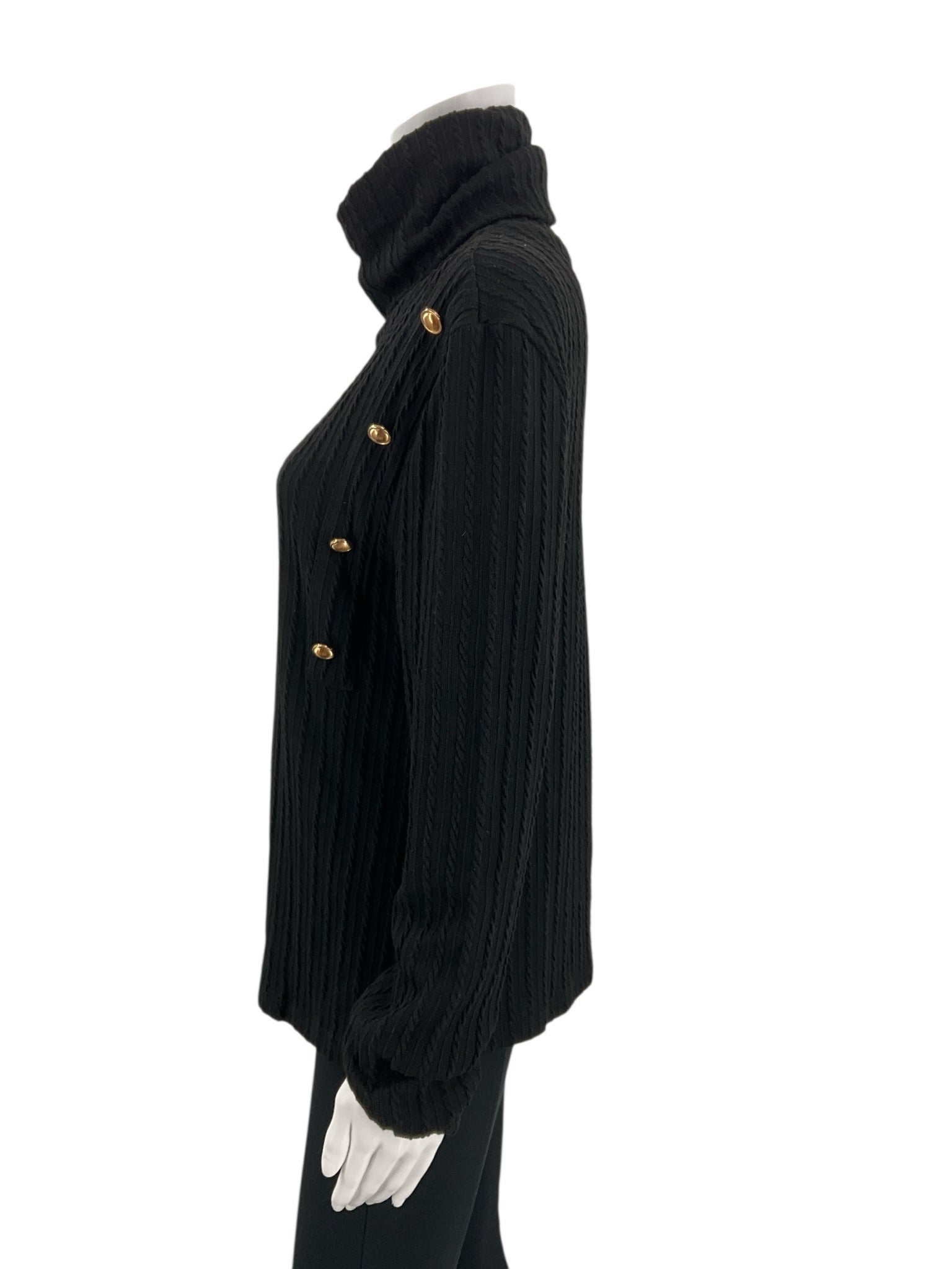 Side profile of Noracora black XL sweater featuring vertical ribbing and decorative gold buttons along the shoulder, new with tags.
