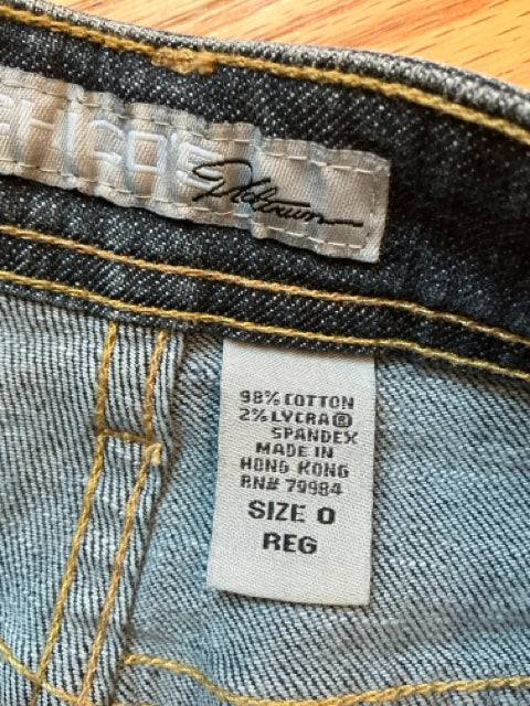 Close-up of Chico's Jeans Size 0 label showing fabric composition and size details, highlighting quality and comfort at Margaret’s Fine Consignments.