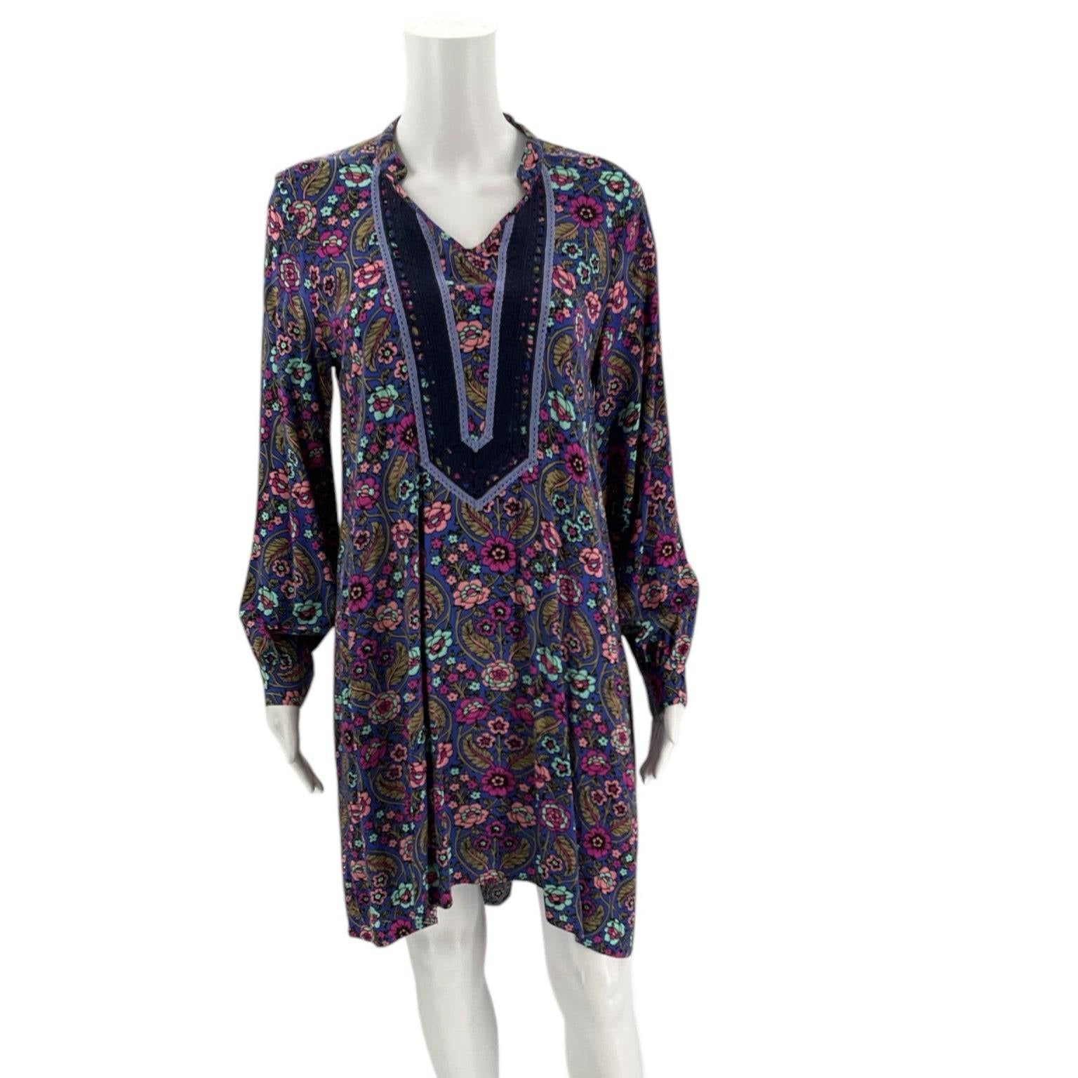Front view of Matilda Jane Mini Dress Size Medium with vibrant blue/multi floral pattern, listed at Margaret’s Fine Consignments.