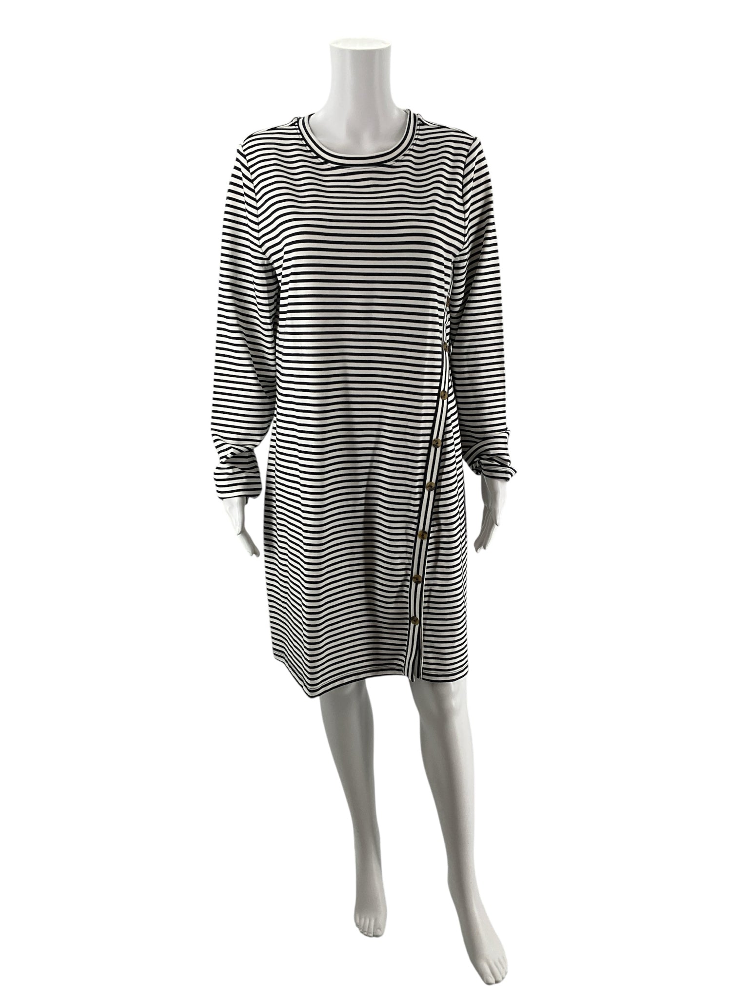 Loft navy and white striped long sleeve tunic dress, pre-owned with tags, size large, casual knit pullover style.