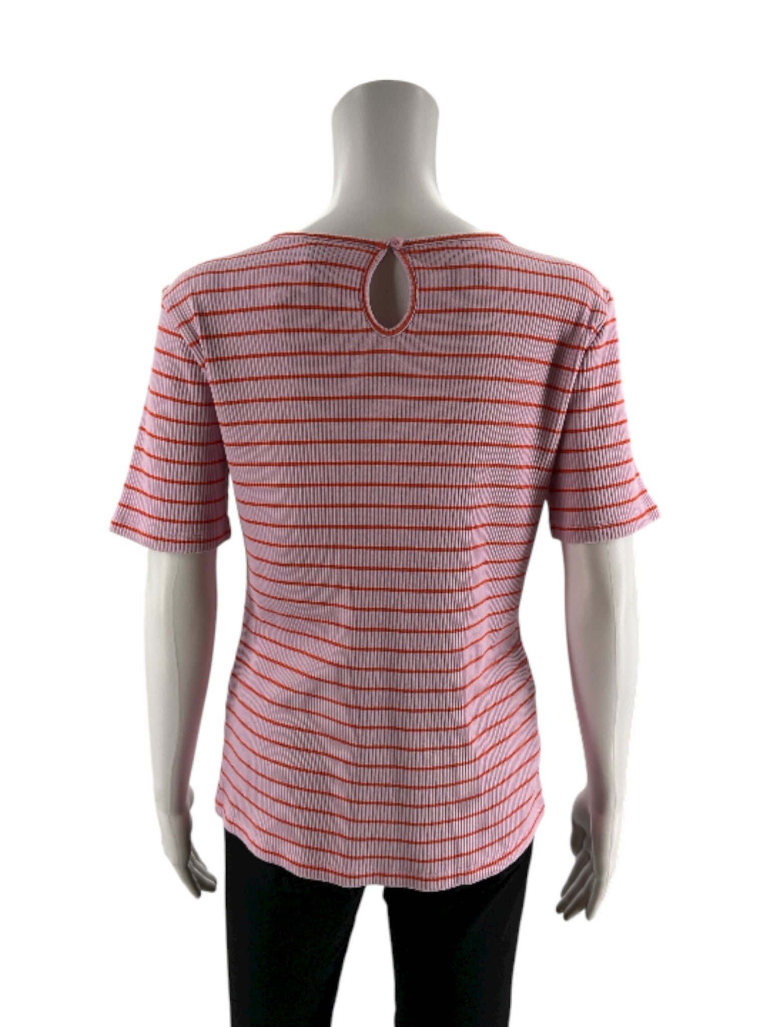 Ann Taylor pre-owned ladies' top in pink and orange stripes, size large, perfect for casual or office wear.