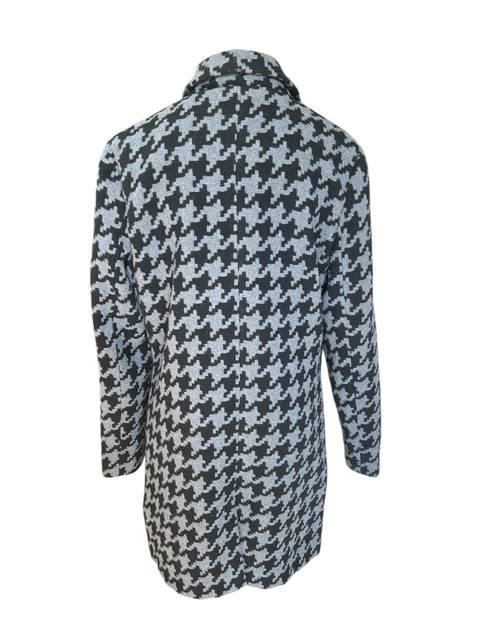 Back view of Yoki Black/Gray Coat - Size Large showing full houndstooth pattern. Pre-owned coat perfect for versatile wardrobe styling.
