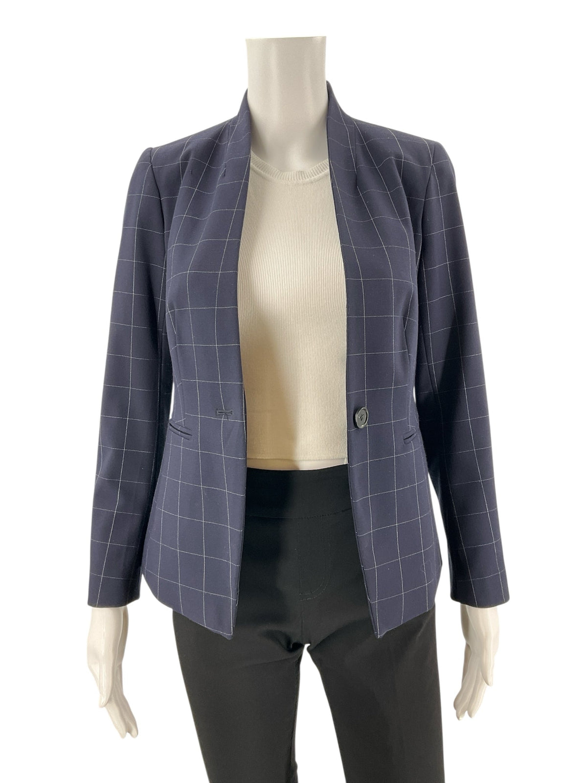 Ann Taylor Navy/White Checkered Pre-Owned Ladies Blazer - Size 00 Petite