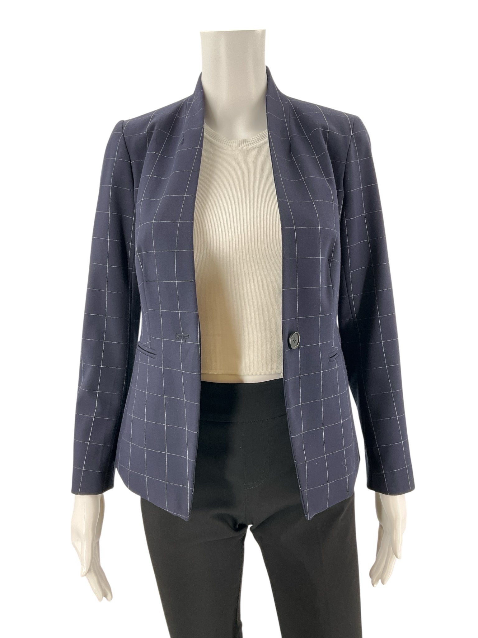 Ann Taylor Navy/White Checkered Pre-Owned Ladies Blazer - Size 00 Petite