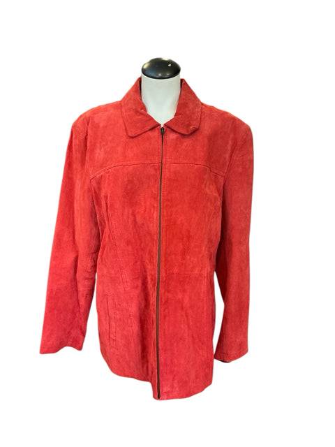 Excelled Jacket Size XL in bold orange leather with front zip closure, available at Margaret’s Fine Consignments. Stylish outerwear for fall fashion.