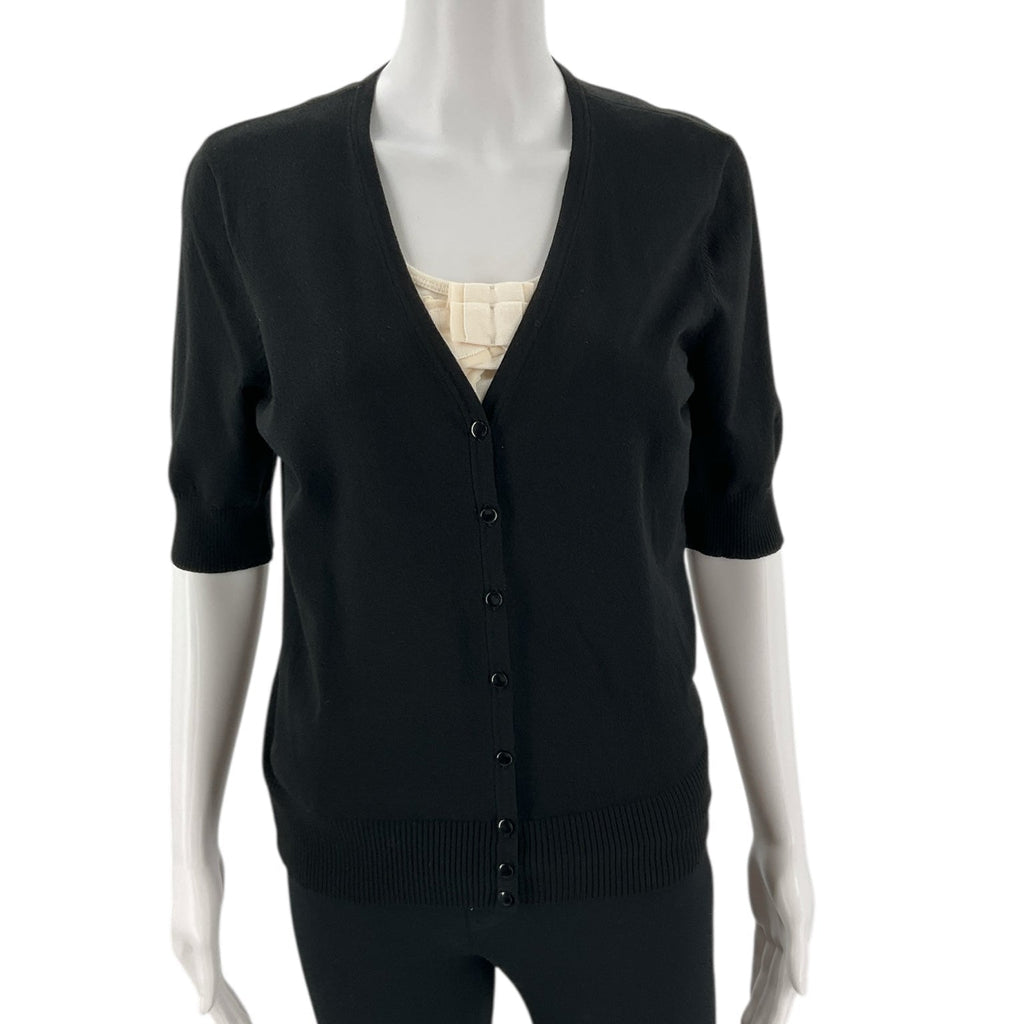Ann Taylor black pre-owned shrug in size L with button front and elbow-length sleeves, ideal for layering over work or casual outfits.