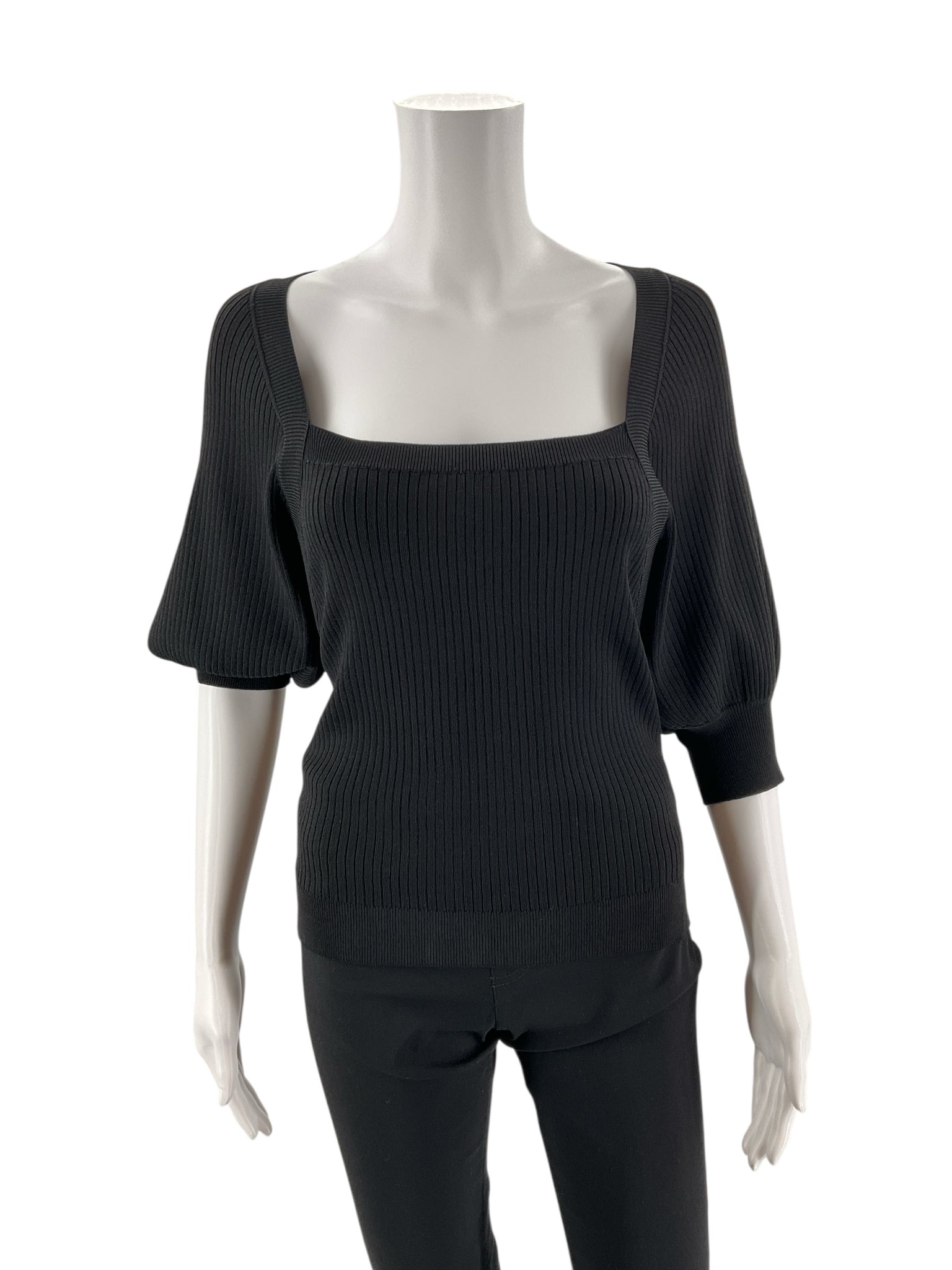 Paige black ribbed knit top with square neck, balloon sleeves, and tags, size large, displayed on a hanger.
