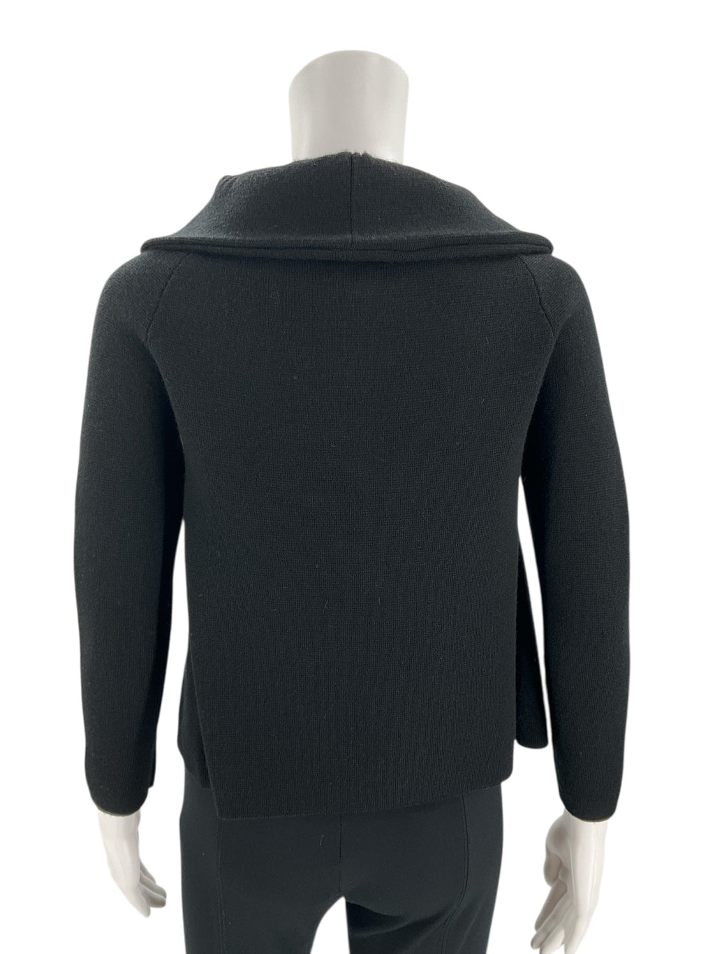Back view of J Crew Black Solid Pre-Owned Top - Size XS showing clean lines and soft wool texture, perfect for layering.