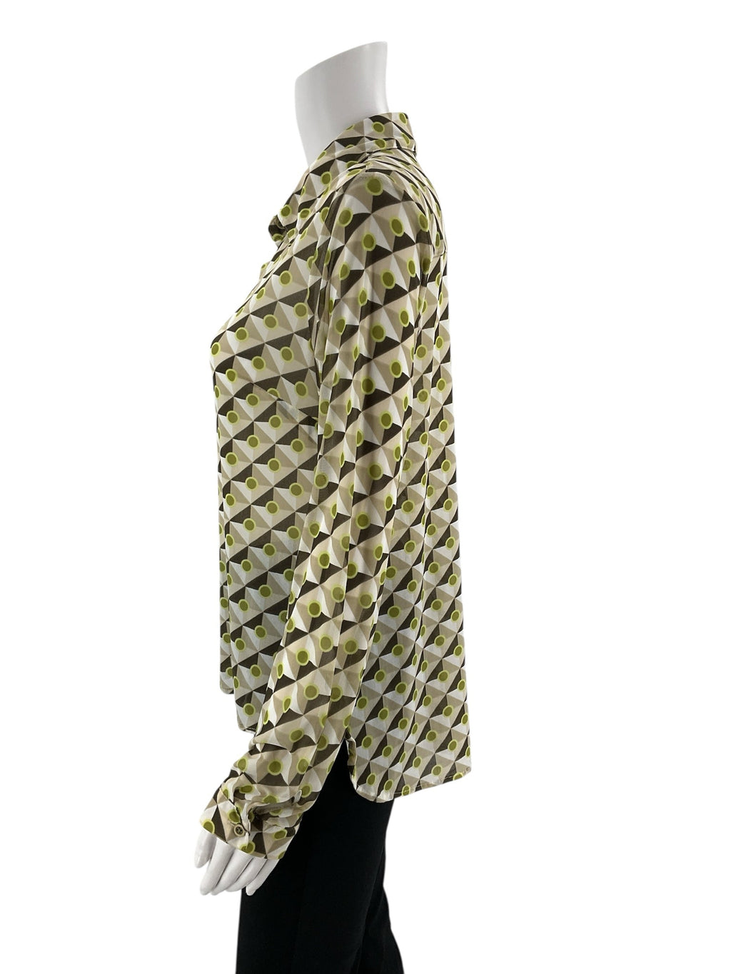 Cabi green and brown print button down blouse, collared long sleeve shirt in size small for women.