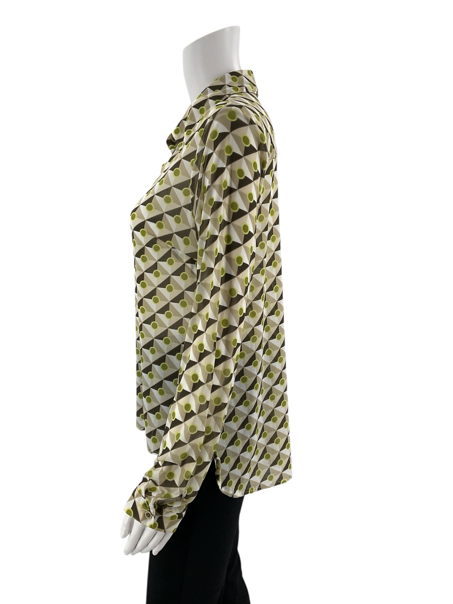 Cabi green and brown print button down blouse, collared long sleeve shirt in size small for women.