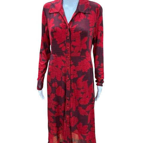 Front view of Cabi Red Floral Dress Size Small on mannequin, featuring sheer fabric and bold red floral print.