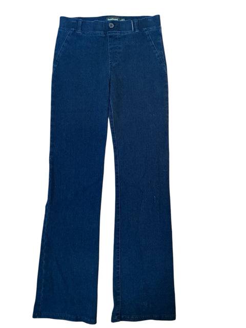Flat lay of Betabrand Jeans Size Small Long in dark blue denim with flared legs, featured at Margaret’s Fine Consignments.